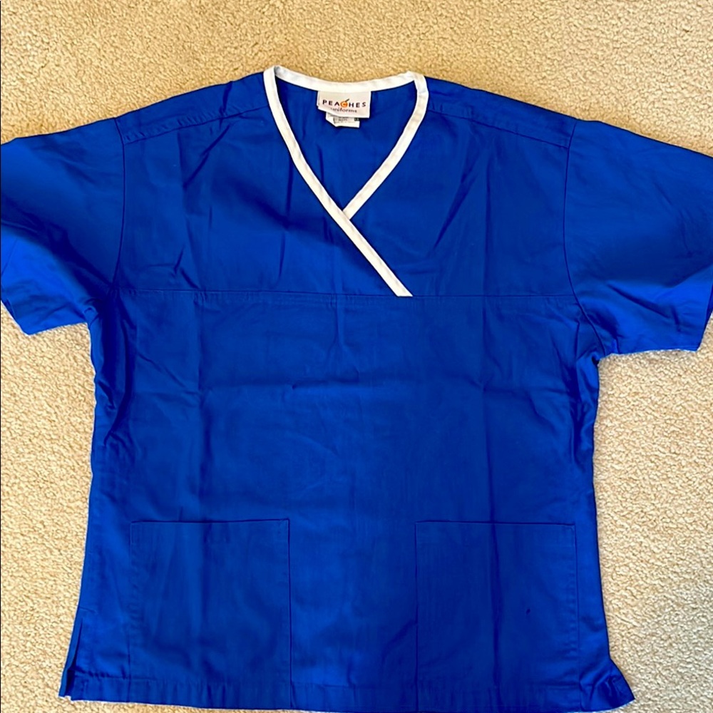 NWT- Scrub Top- Peaches Uniform royal Blue with White trim around the Neckline